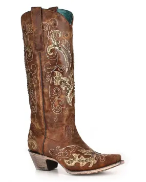 A3638 - Corral brown western cowgirl leather tall boots for women