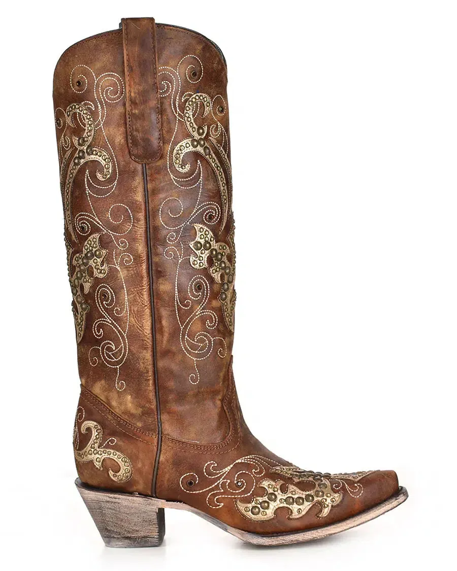 A3638 - Corral brown western cowgirl leather tall boots for women