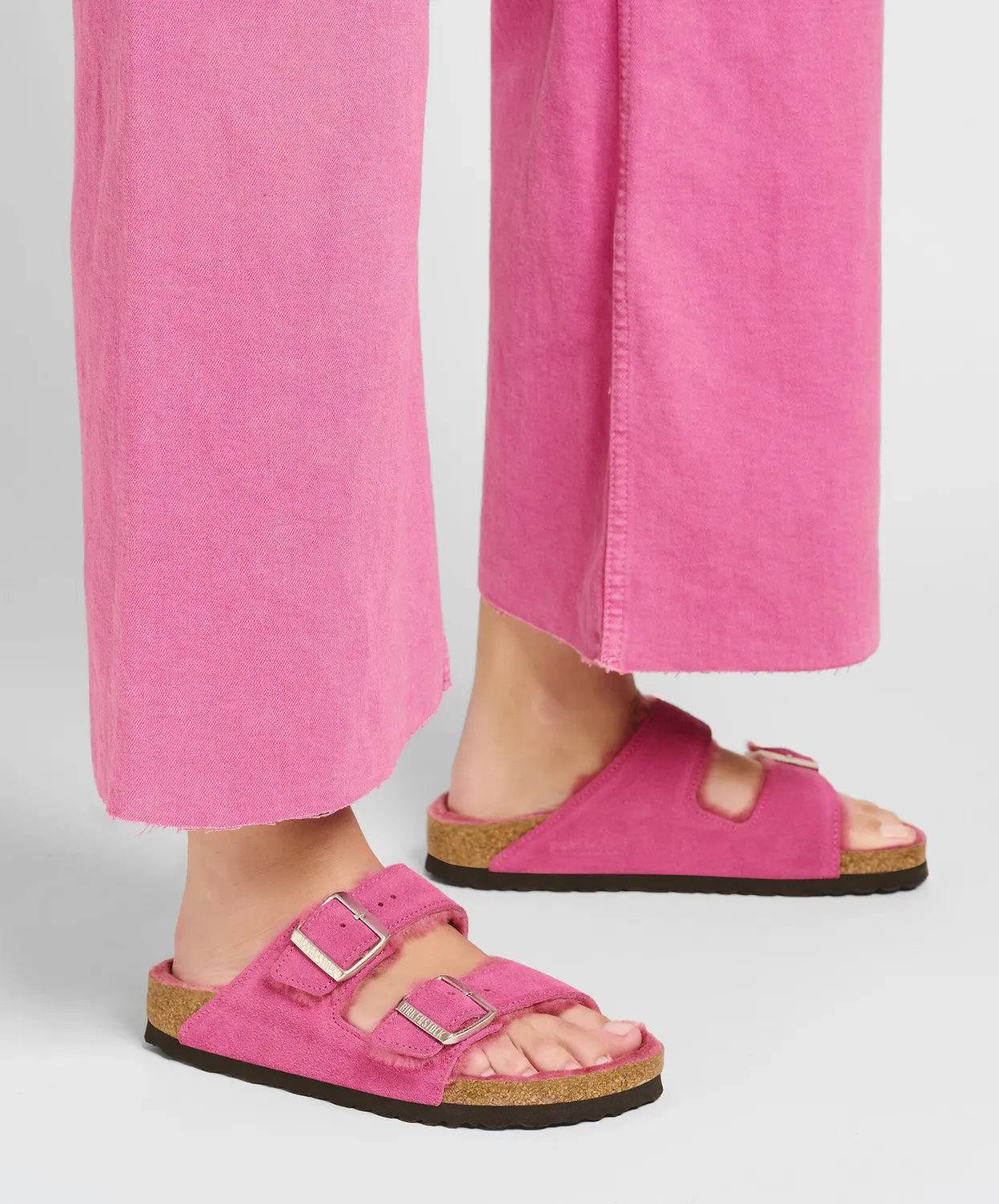 Birkenstock Arizona Suede Leather Shearling Fuchsia Tulip Sandals