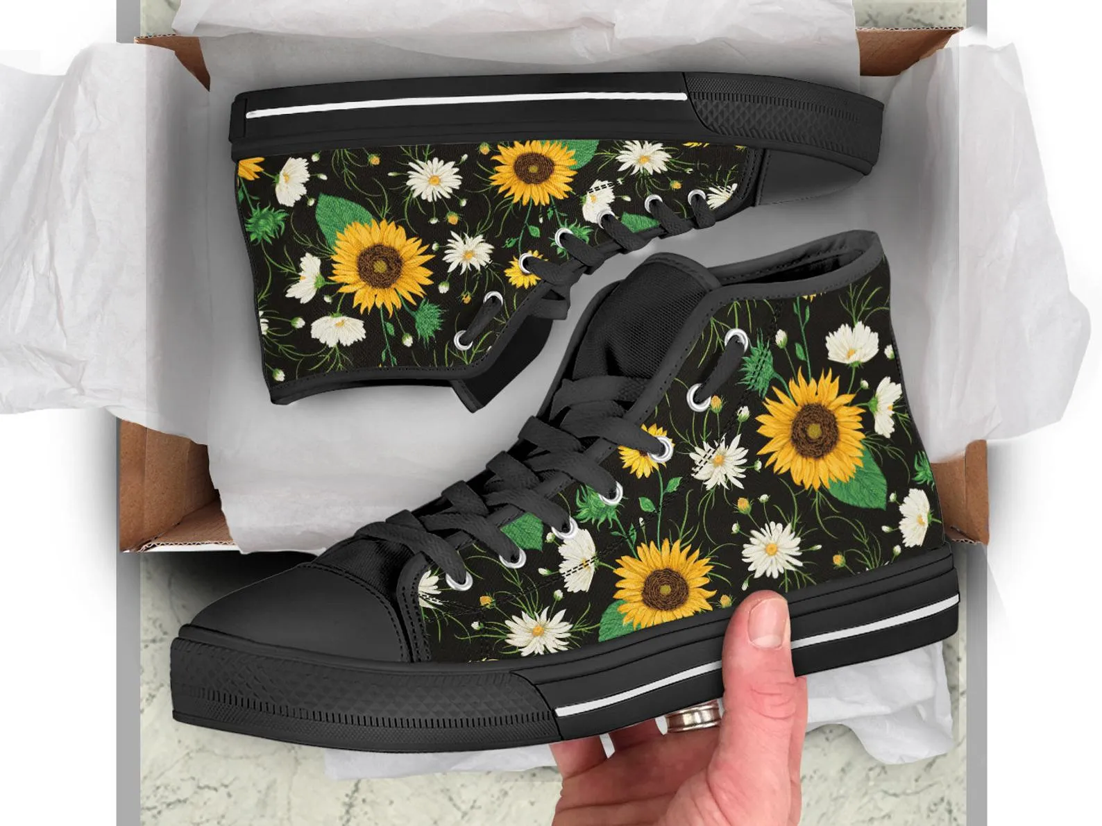 Black Sunflower Shoes Sunflower Sneakers Cute Shoes Sunflower Lover Gifts Custom High Top Converse Style Sneakers For Adults Women & Men