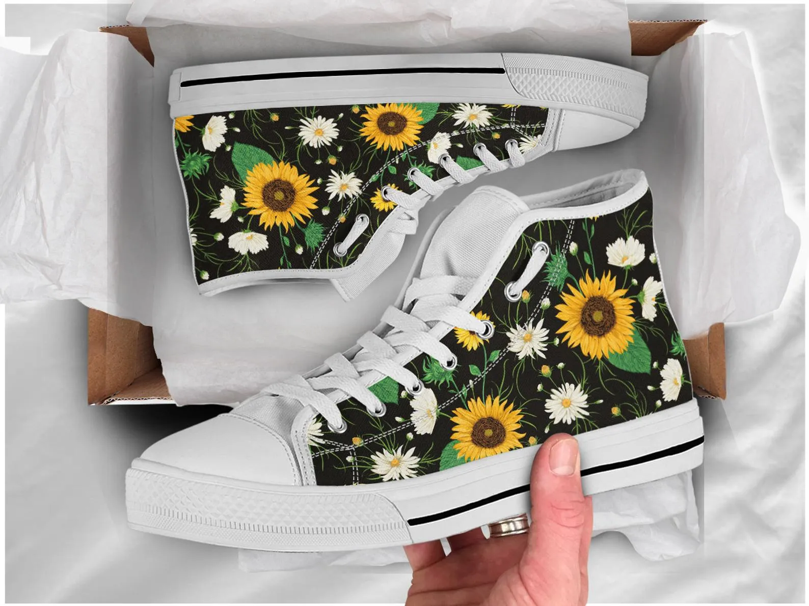 Black Sunflower Shoes Sunflower Sneakers Cute Shoes Sunflower Lover Gifts Custom High Top Converse Style Sneakers For Adults Women & Men