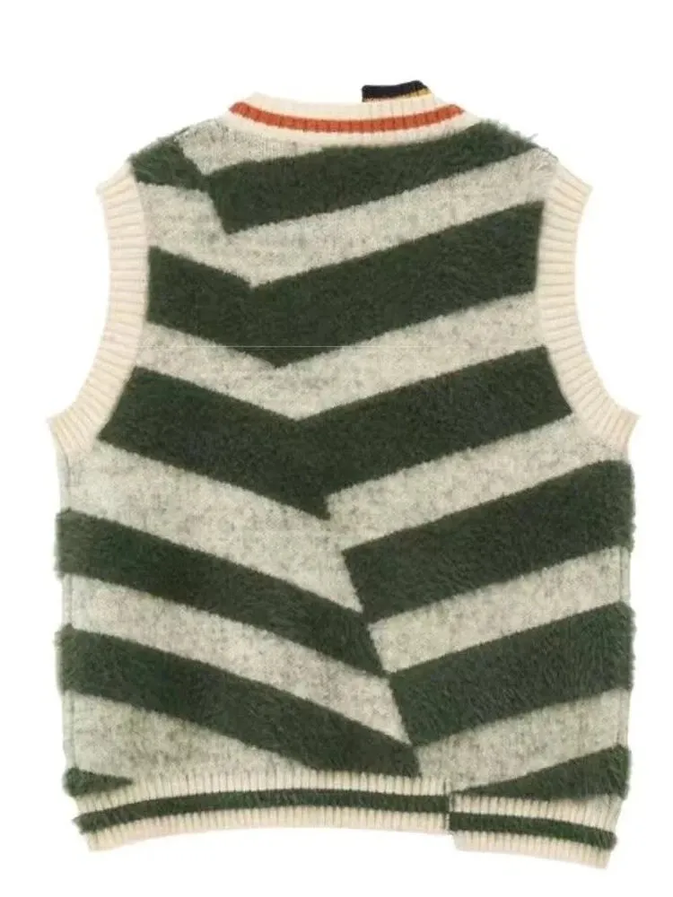 Womens Unconventional Design Stripe Mohair Sweater Vest Warm Casual Female Clothing