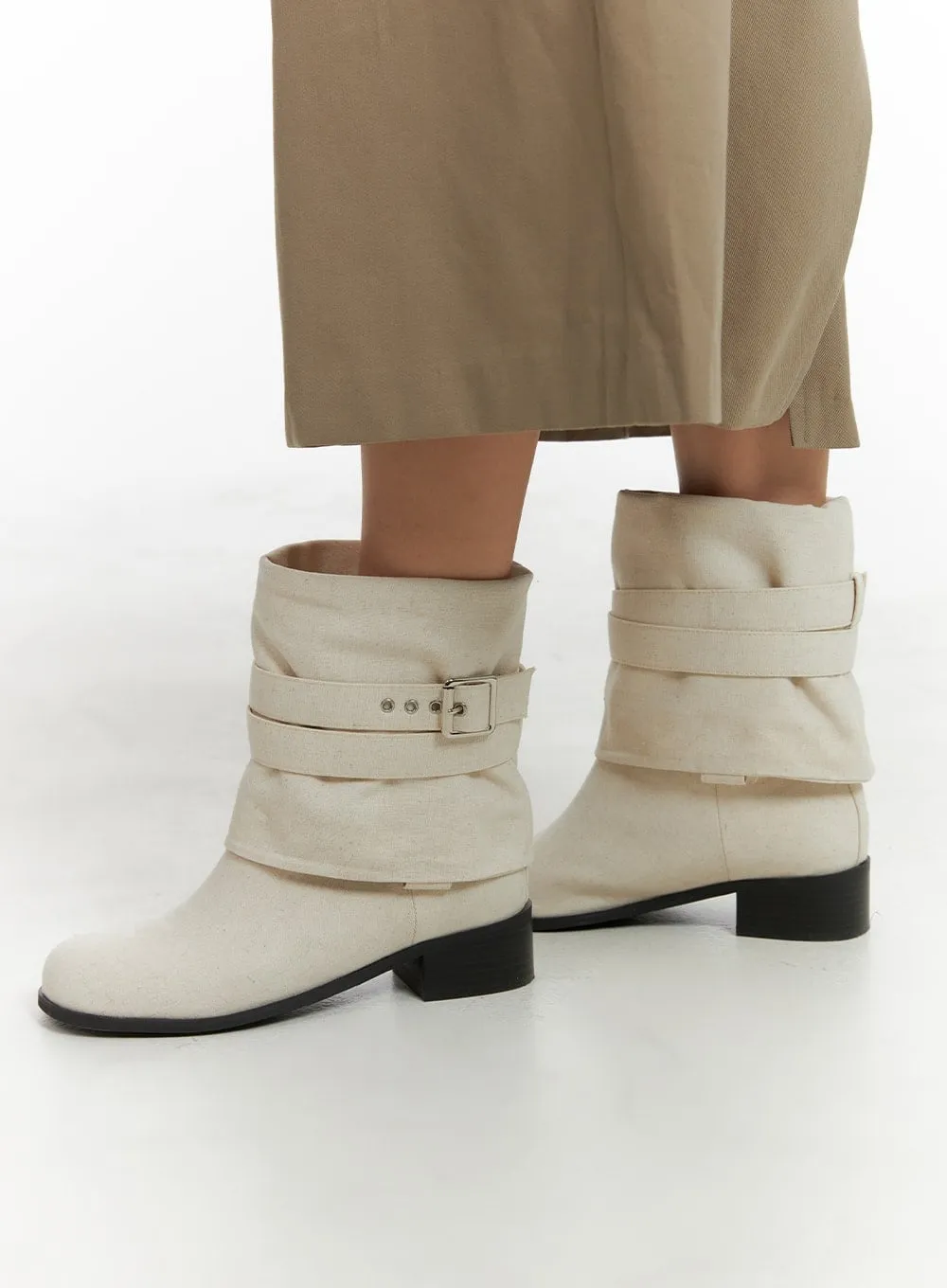 Linen Buckle Midi Boots CM422