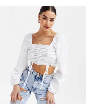 White Ruched Square Neck Crop Sweat Top