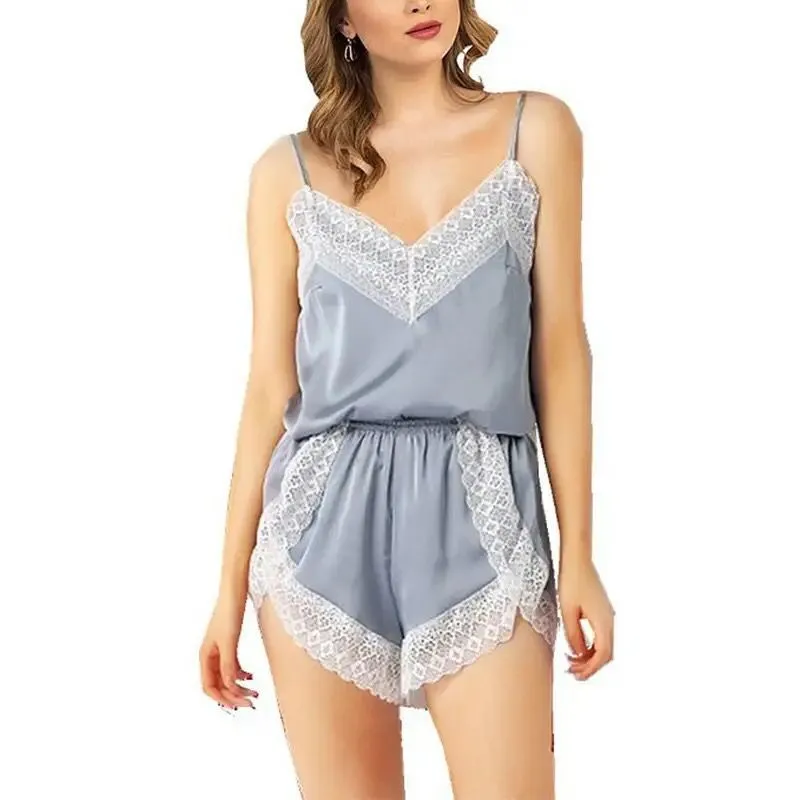 Women Silk Satin Pajamas Set Sling Pajamas Casual Sleepwear Suit Summer Sexy V Neck Lace Sweet Two-piece Nightwear S1228345